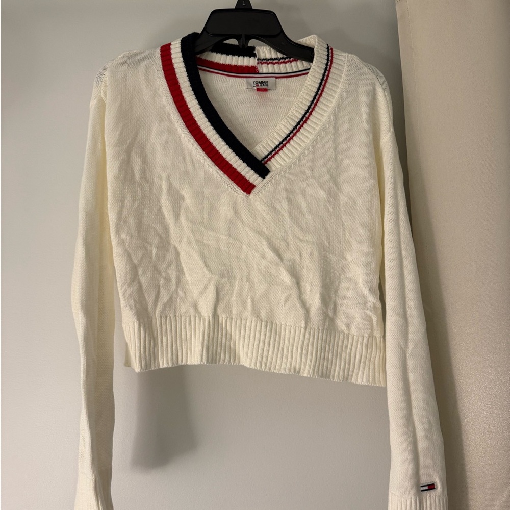 Tommy Hilfiger Women's V-Neck Sweater with Red and Navy Accents